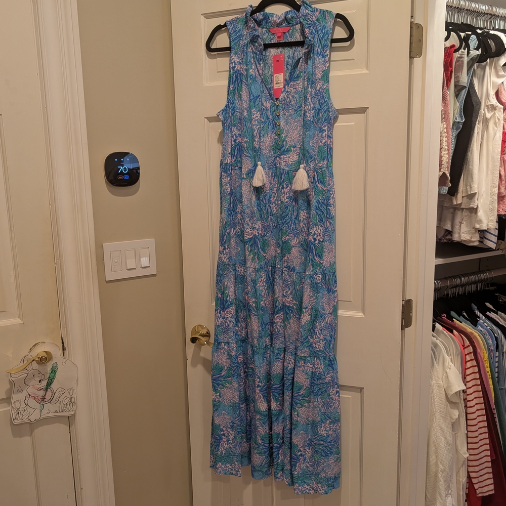 Lilly Pulitzer Malone Maxi Dress Las Olas Aqua Strong Current Sea NWT Size Large